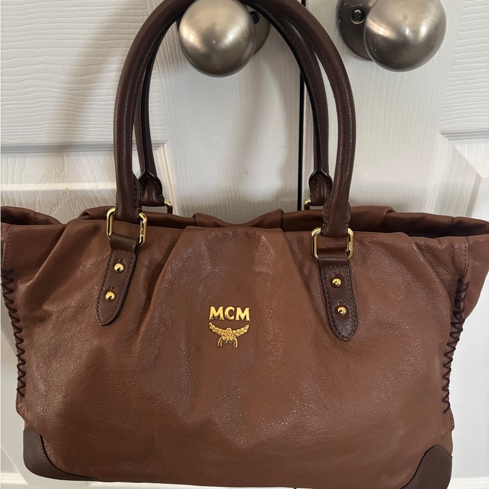MCM Chocolate Brown Tote with Gold Accents